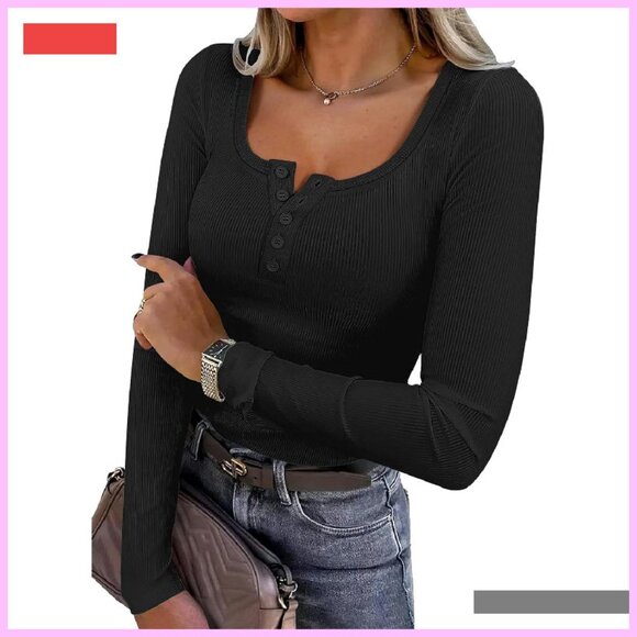 Ribbed Knit Long Sleeve Henley Top Slim Fitted Tee Layering Basic - Picture 1 of 4